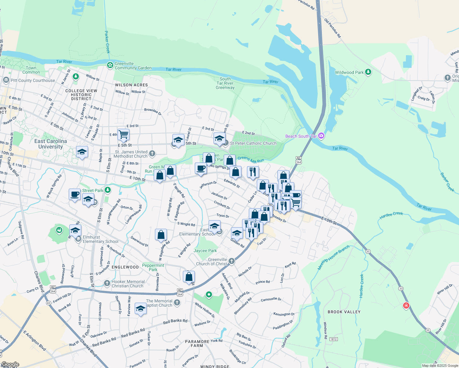 map of restaurants, bars, coffee shops, grocery stores, and more near 2800 Edwards Street in Greenville