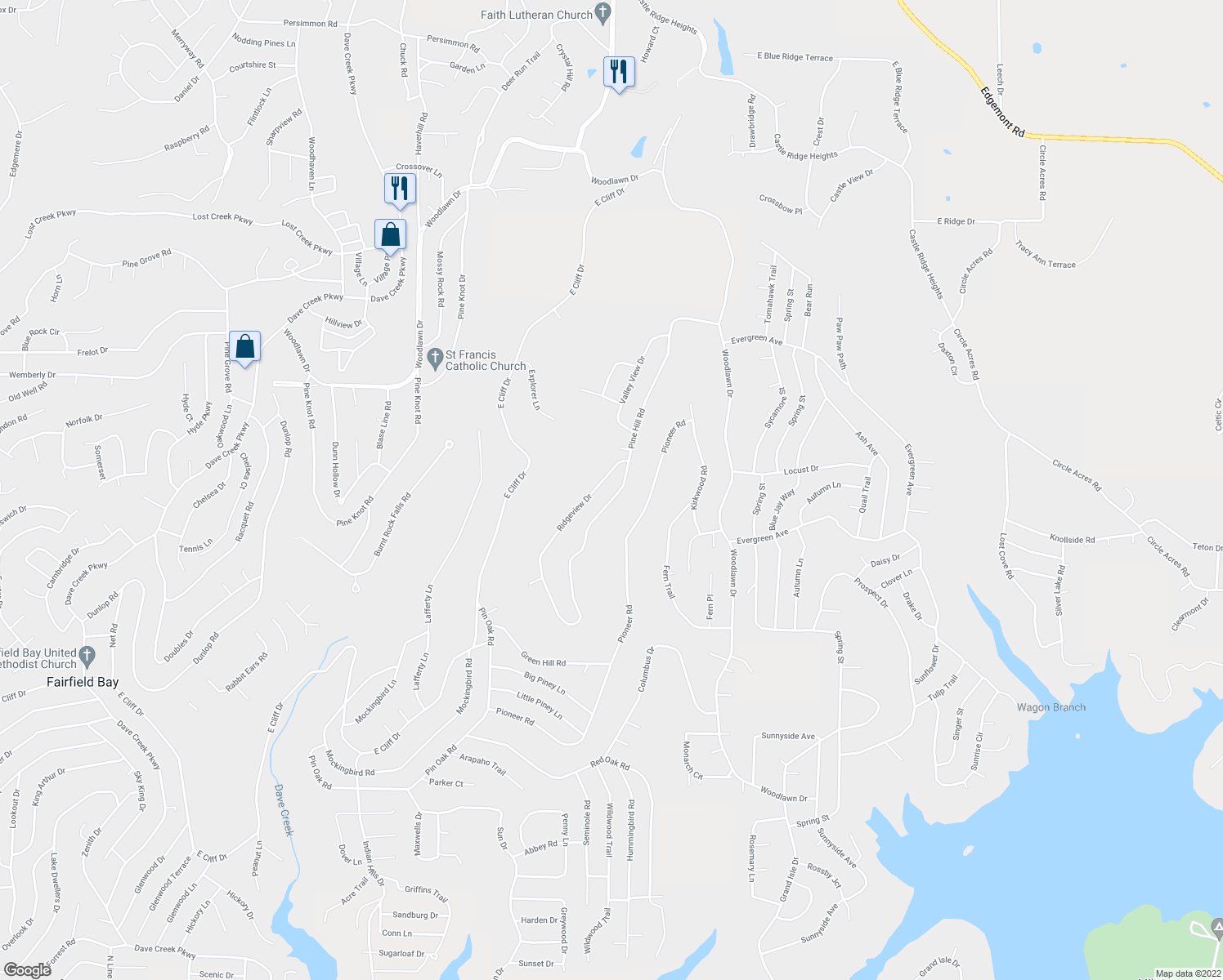 map of restaurants, bars, coffee shops, grocery stores, and more near 216 Pine Hill Rd in Fairfield Bay
