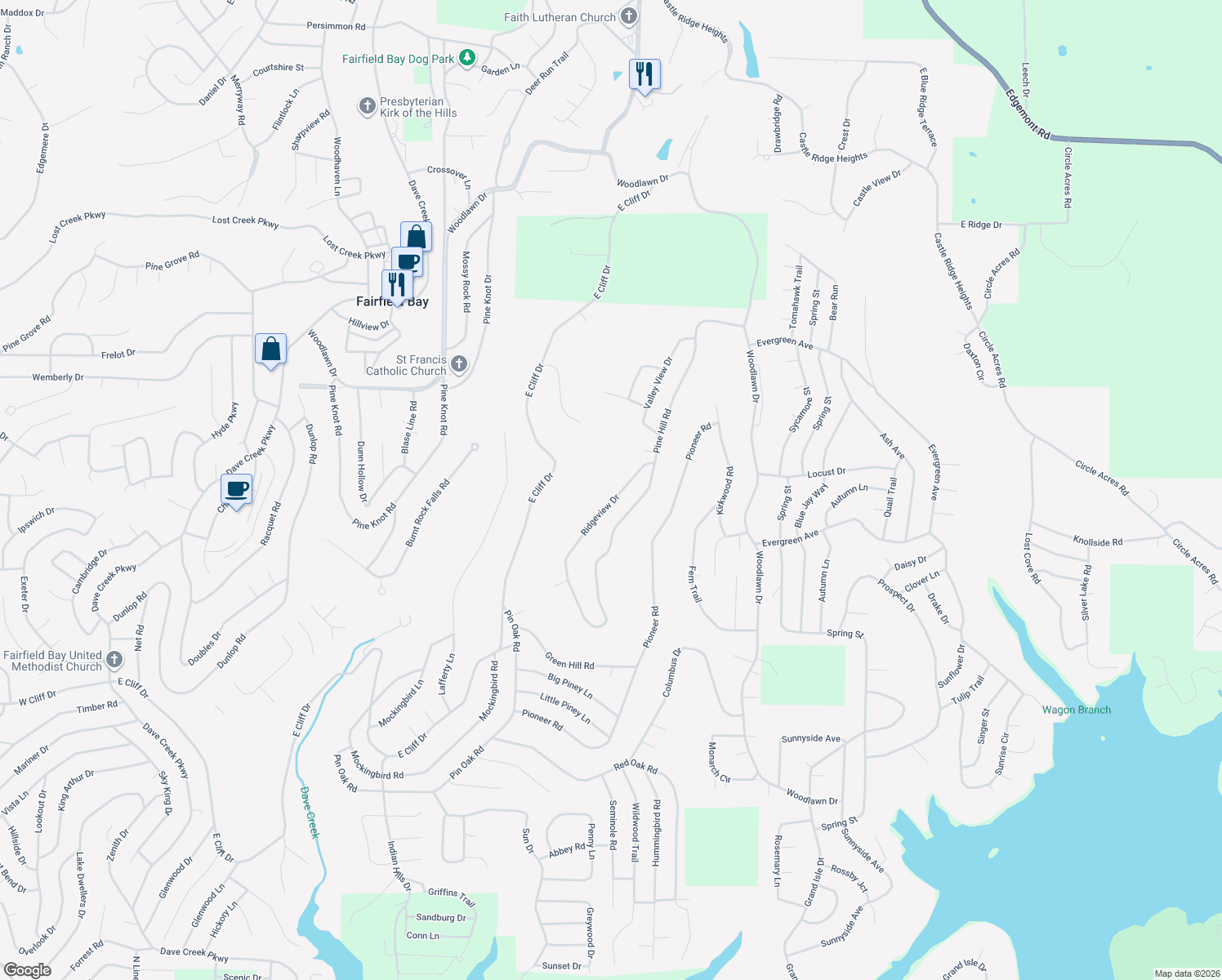 map of restaurants, bars, coffee shops, grocery stores, and more near 120 Ridgeview Drive in Fairfield Bay