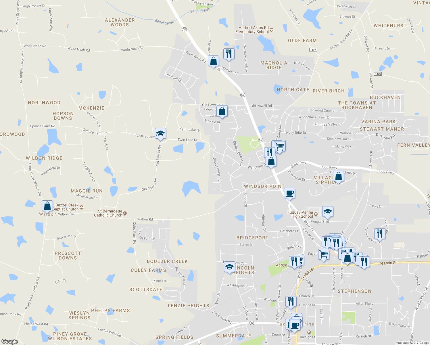 map of restaurants, bars, coffee shops, grocery stores, and more near 702 Edgeworth Court in Fuquay Varina