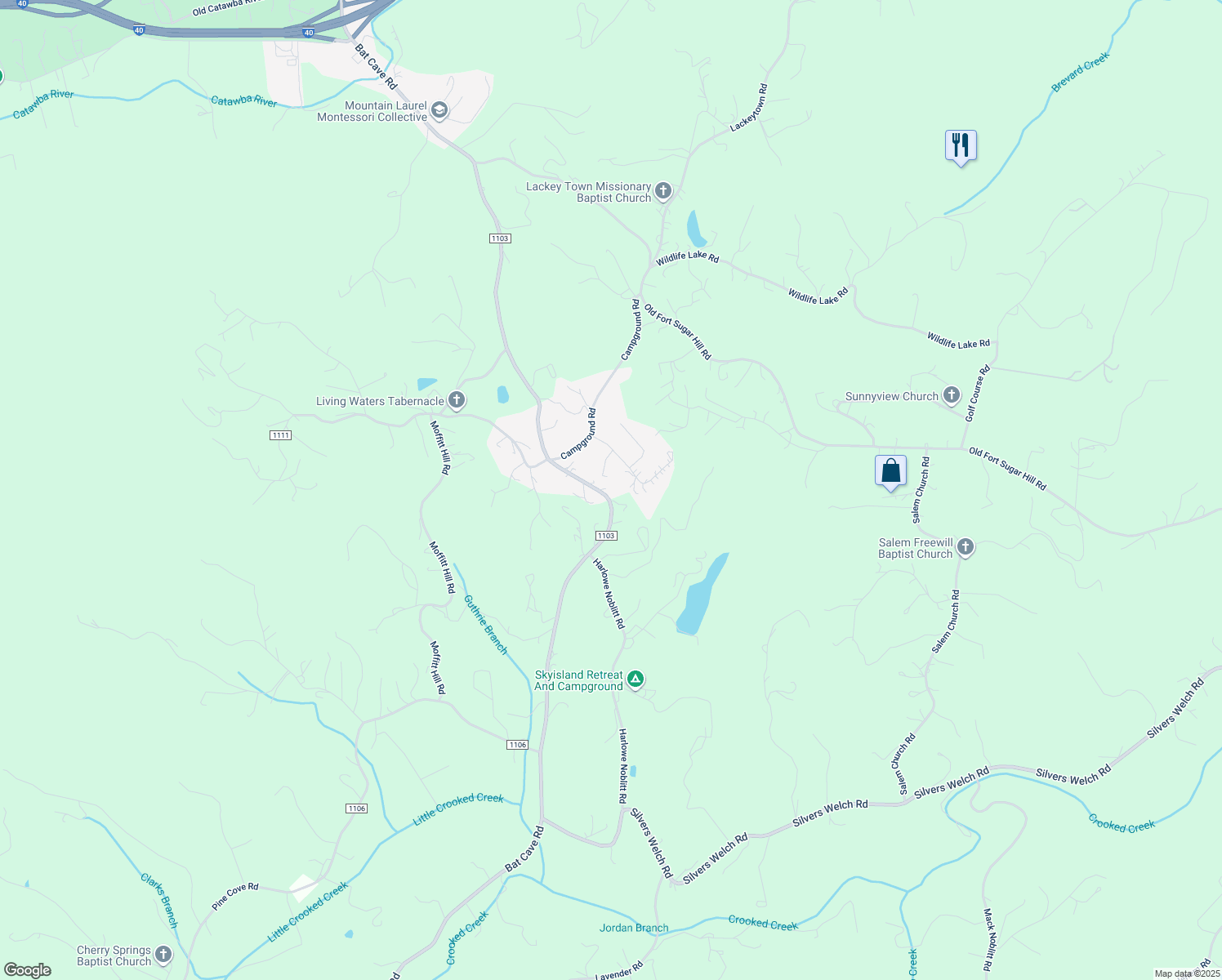 map of restaurants, bars, coffee shops, grocery stores, and more near 2135 Bat Cave Road in Old Fort