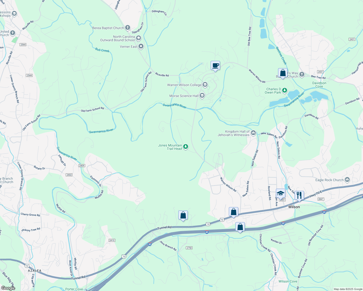 map of restaurants, bars, coffee shops, grocery stores, and more near 135 College View Drive in Swannanoa