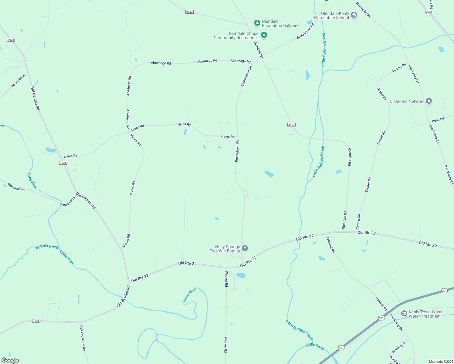 map of restaurants, bars, coffee shops, grocery stores, and more near 565 Beulahtown Road in Kenly