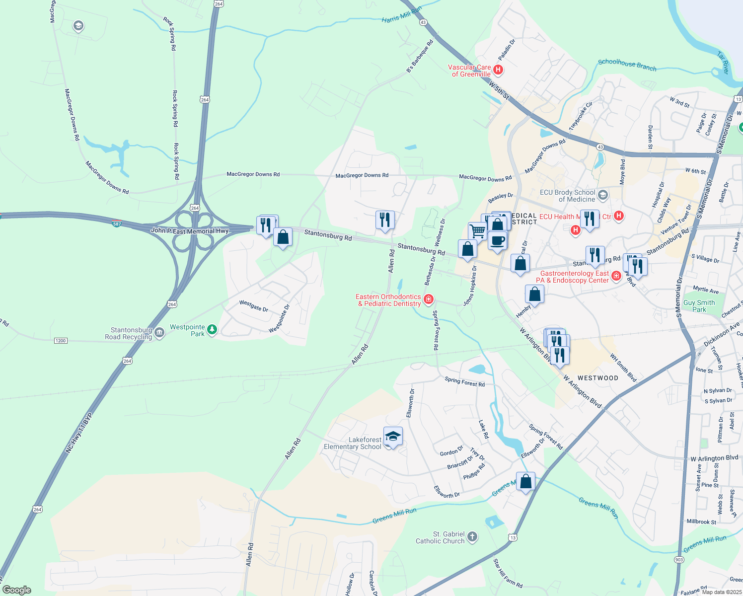 map of restaurants, bars, coffee shops, grocery stores, and more near 1222 Allen Road in Greenville