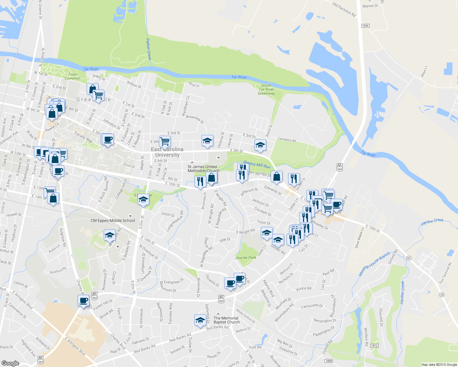 map of restaurants, bars, coffee shops, grocery stores, and more near 998 College View Apartments Rd in Greenville