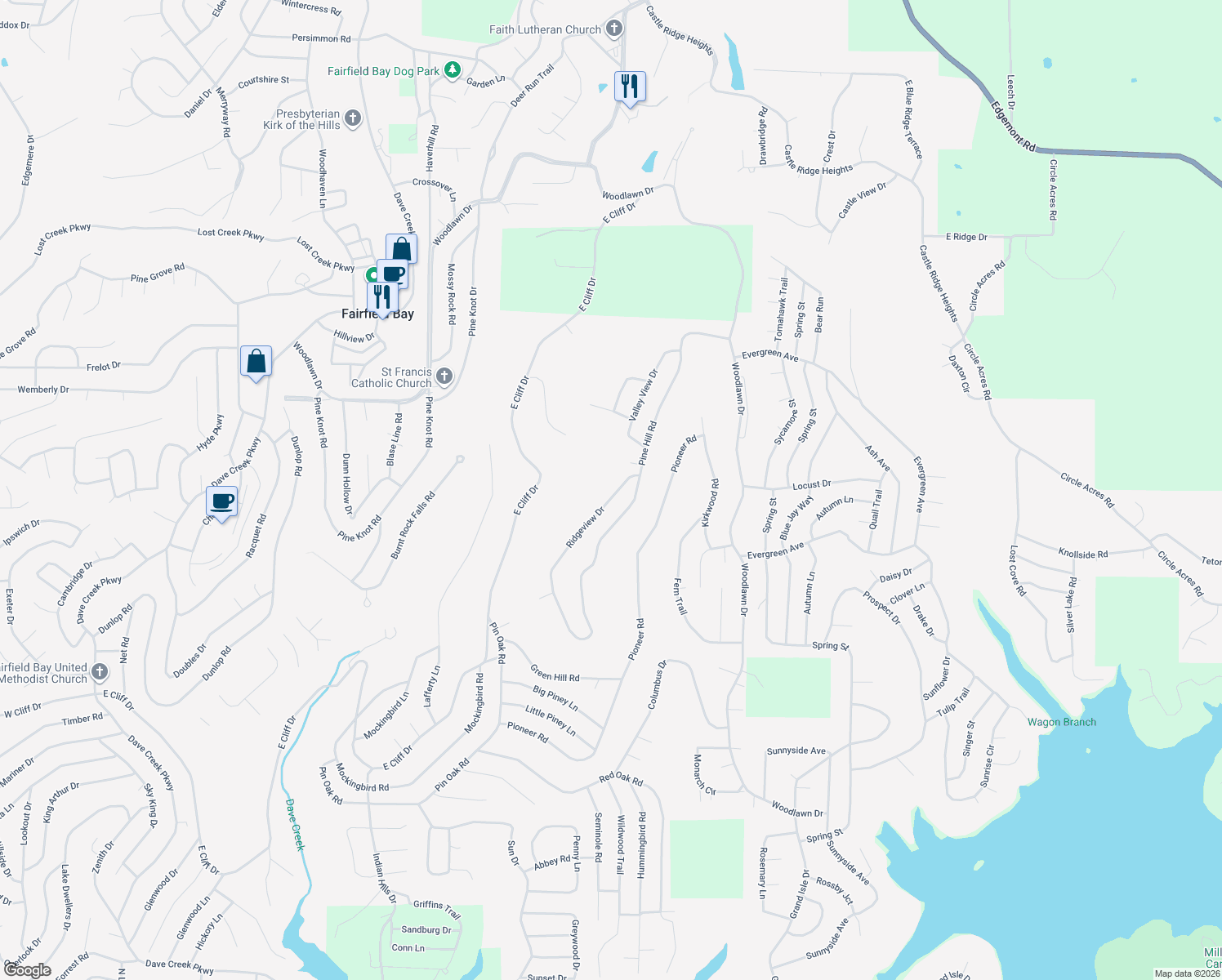 map of restaurants, bars, coffee shops, grocery stores, and more near 120 Ridgeview Drive in Fairfield Bay