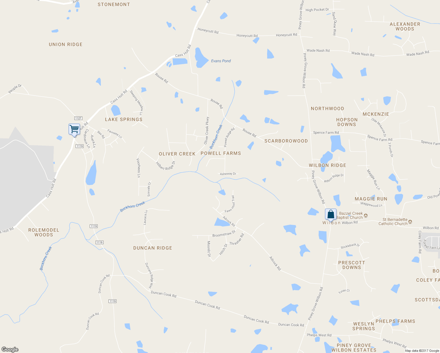 map of restaurants, bars, coffee shops, grocery stores, and more near 7108 Asheway Drive in Holly Springs