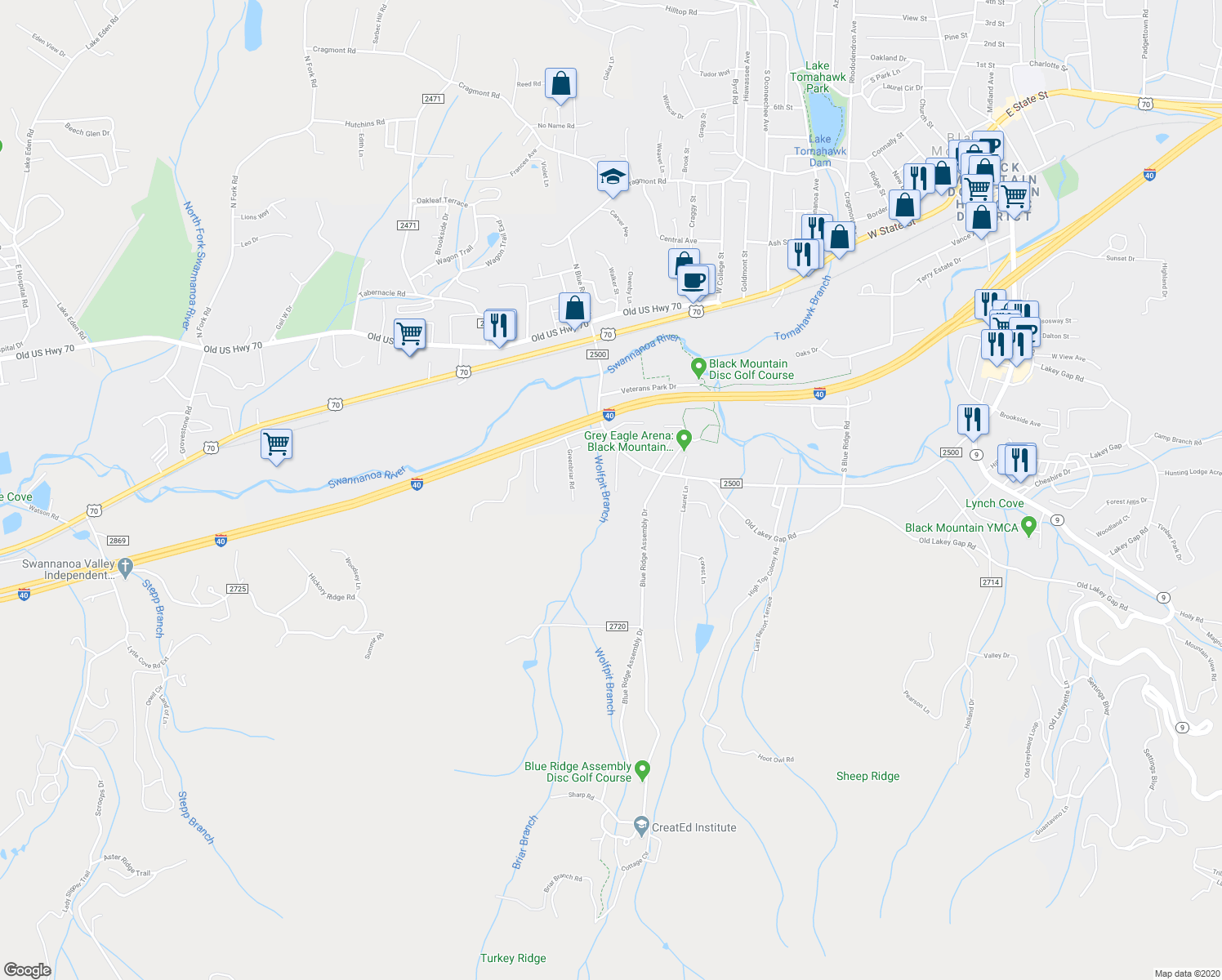 map of restaurants, bars, coffee shops, grocery stores, and more near 25 Wolf Creek Drive in Black Mountain