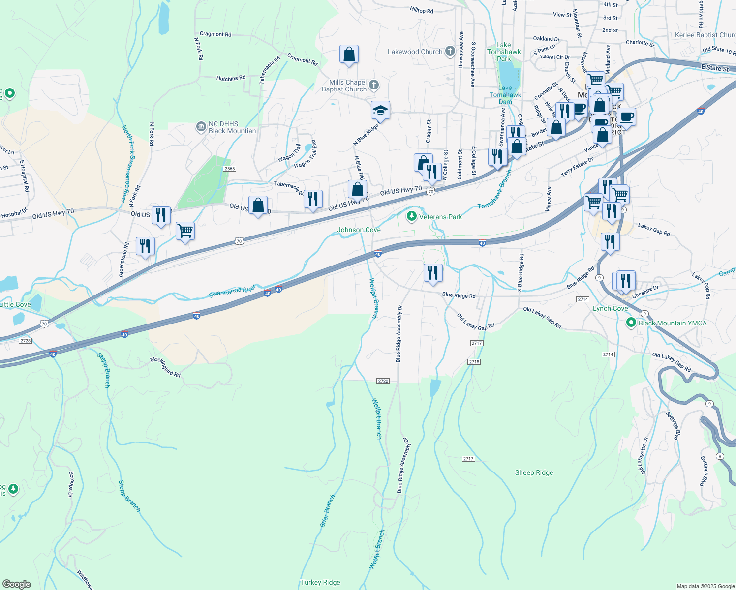 map of restaurants, bars, coffee shops, grocery stores, and more near 28 Greenbriar Road in Black Mountain