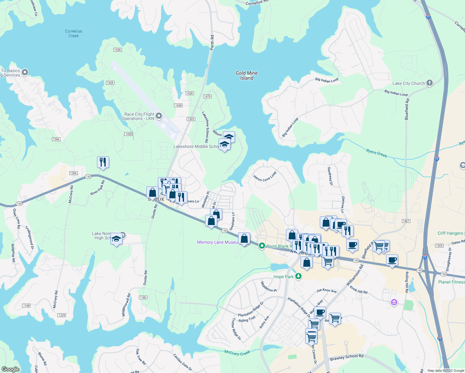 map of restaurants, bars, coffee shops, grocery stores, and more near 138 Gresham Lane in Mooresville