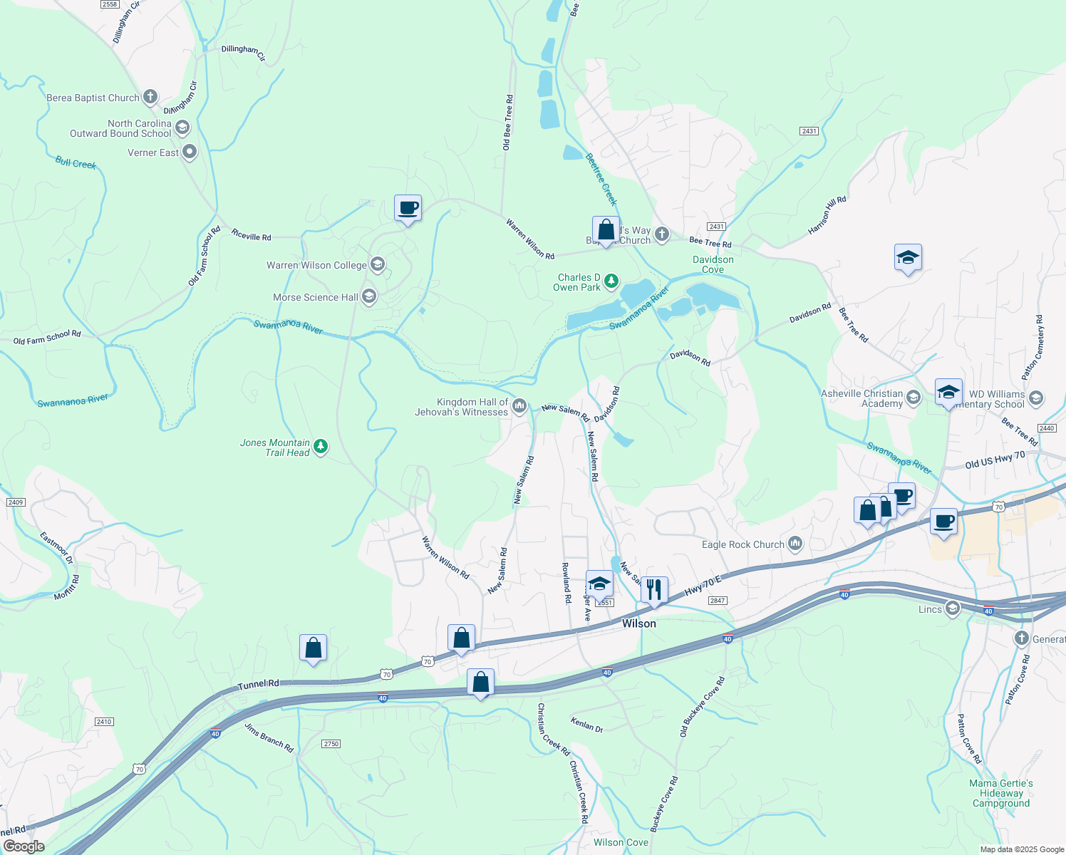 map of restaurants, bars, coffee shops, grocery stores, and more near 99999 New Salem Road in Swannanoa