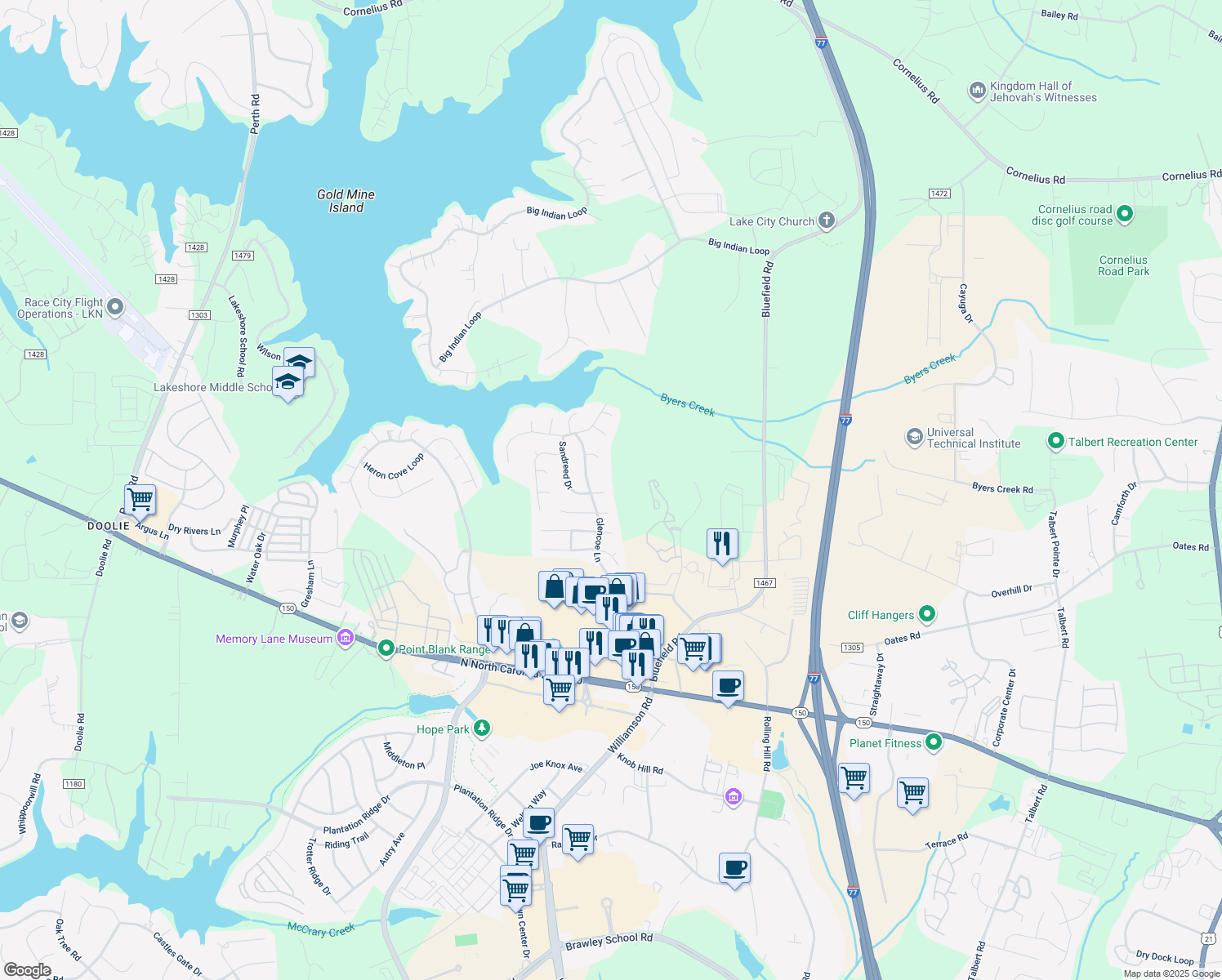 map of restaurants, bars, coffee shops, grocery stores, and more near 104 Sandreed Dr in Mooresville
