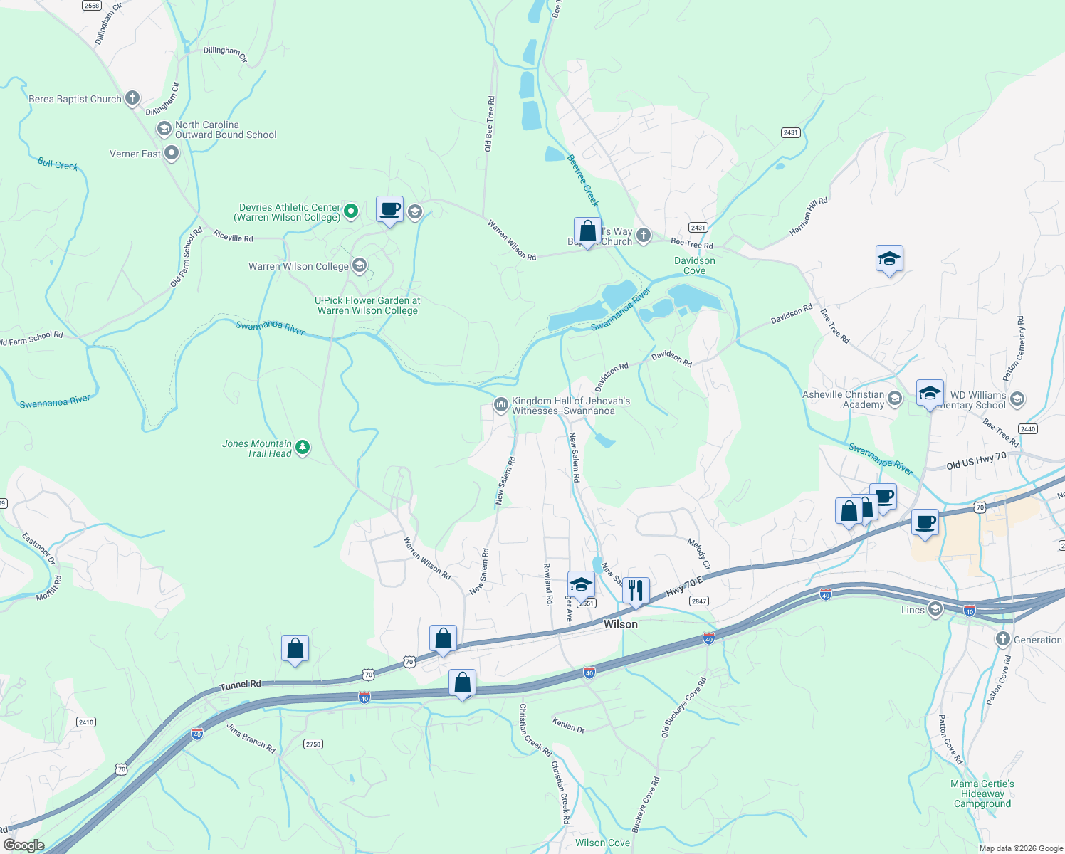 map of restaurants, bars, coffee shops, grocery stores, and more near 225 New Salem Road in Swannanoa
