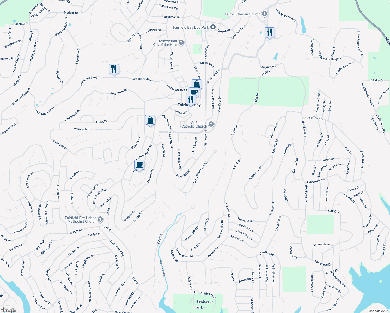 map of restaurants, bars, coffee shops, grocery stores, and more near 135 Blase Line Rd in Fairfield Bay