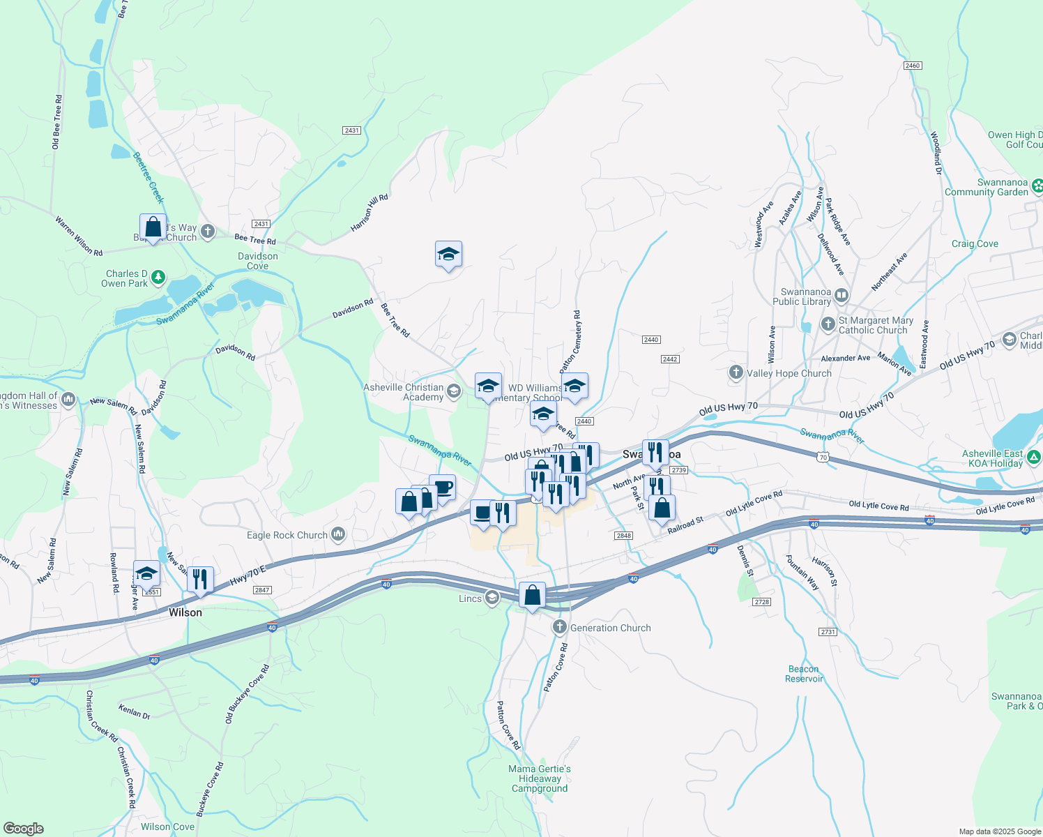 map of restaurants, bars, coffee shops, grocery stores, and more near Bee Meadows Circle in Swannanoa