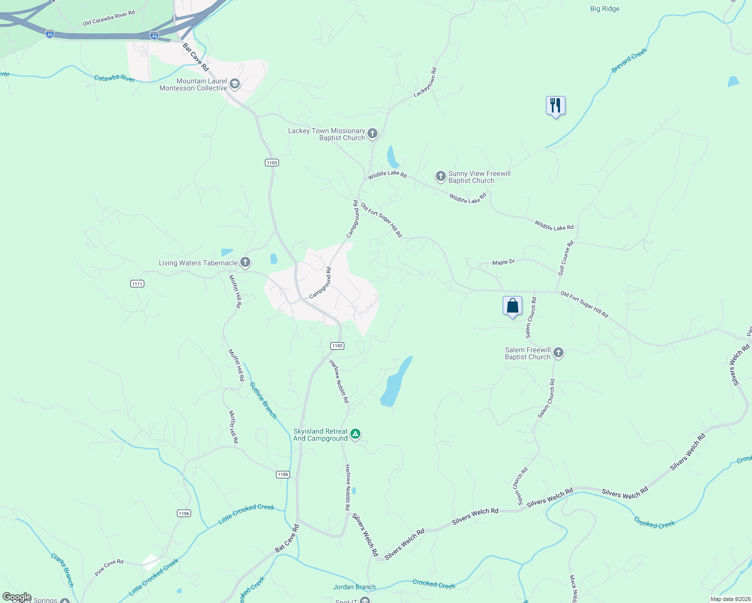 map of restaurants, bars, coffee shops, grocery stores, and more near 319 Griggs Road in Old Fort