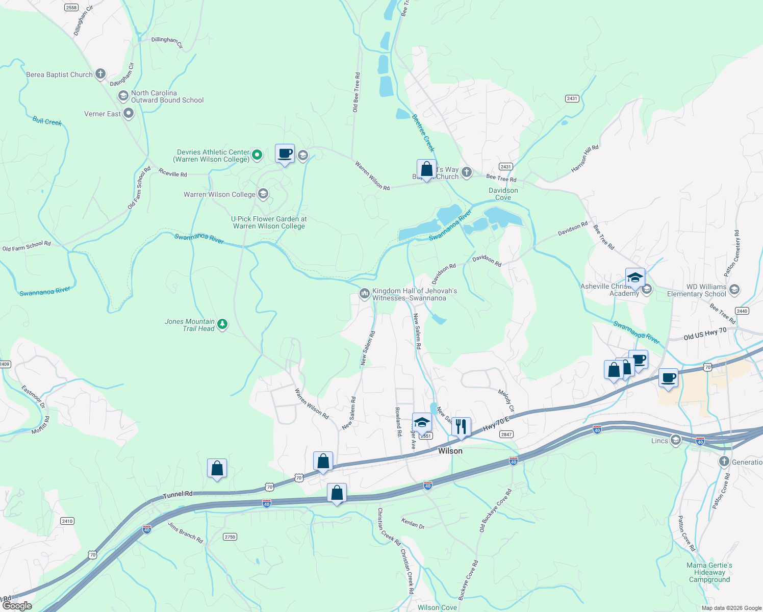 map of restaurants, bars, coffee shops, grocery stores, and more near 225 New Salem Road in Swannanoa