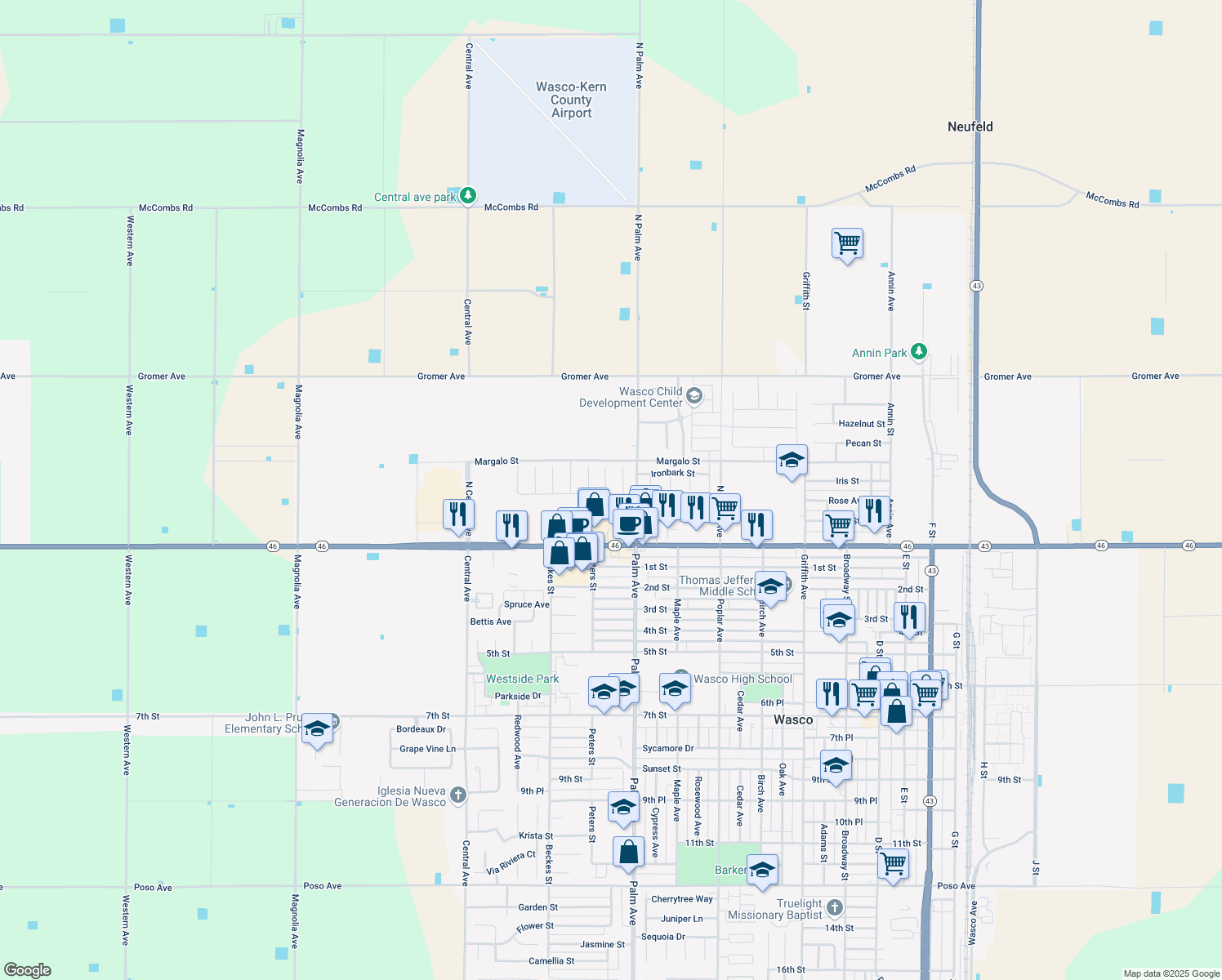 map of restaurants, bars, coffee shops, grocery stores, and more near 302 Goldspire Court in Wasco