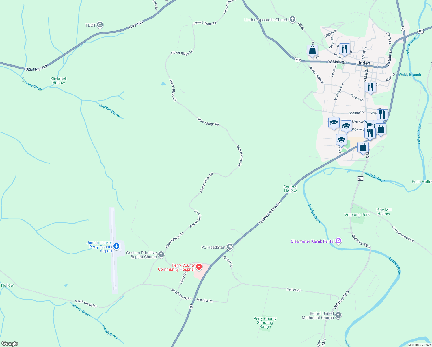 map of restaurants, bars, coffee shops, grocery stores, and more near 2464 Airport Road in Linden