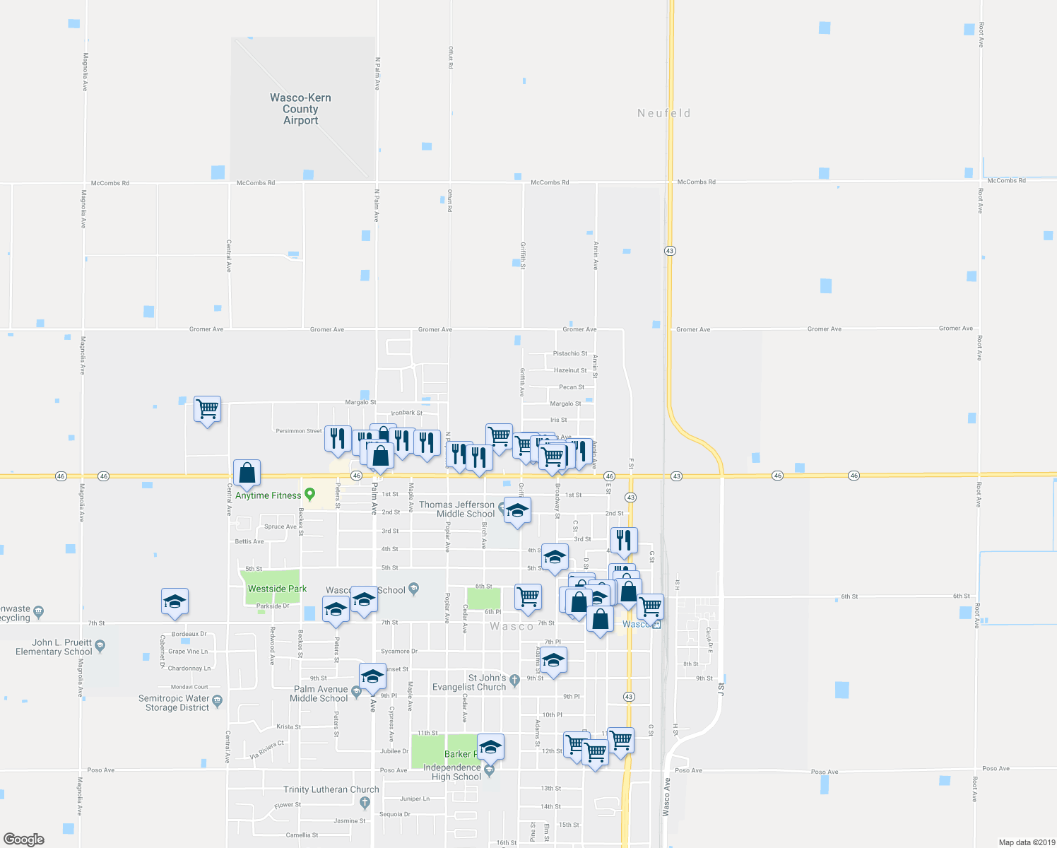 map of restaurants, bars, coffee shops, grocery stores, and more near 1233 Iris Street in Wasco