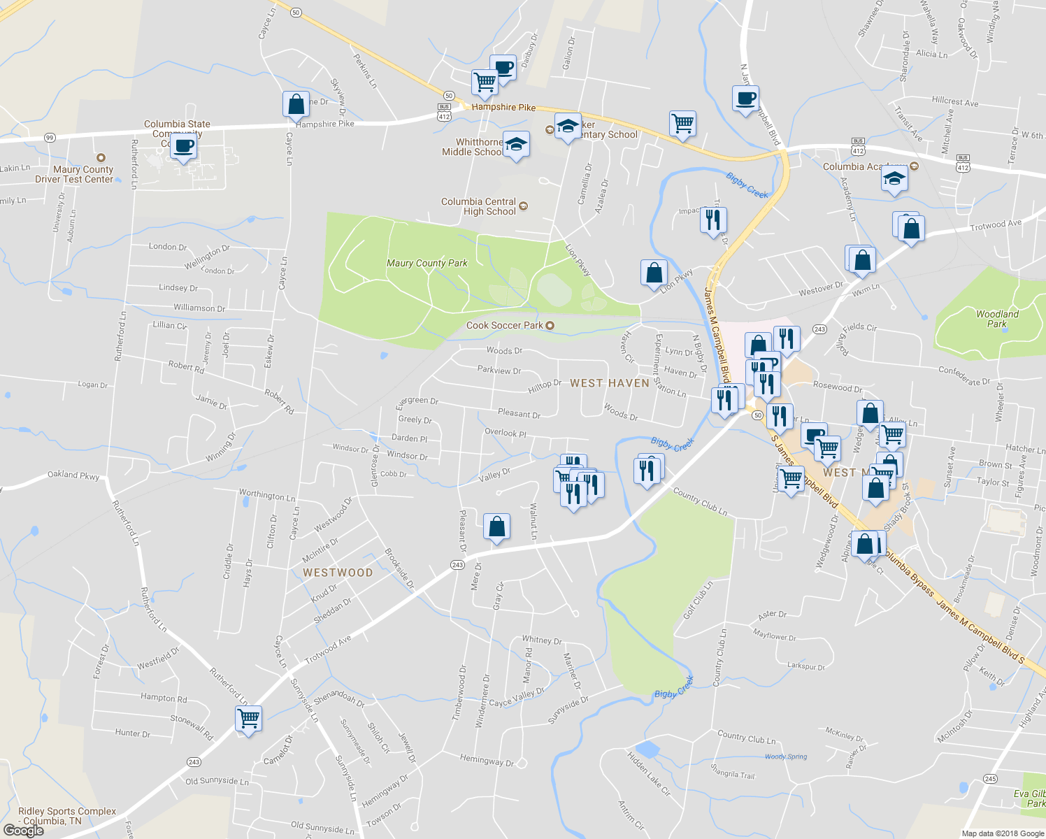 map of restaurants, bars, coffee shops, grocery stores, and more near 113 Pleasant Drive in Columbia
