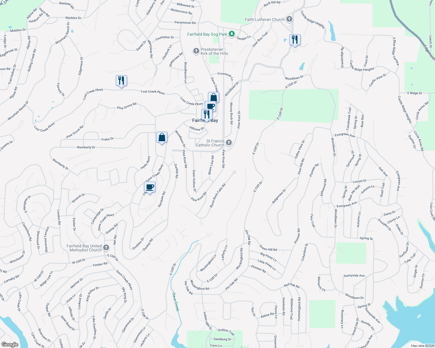 map of restaurants, bars, coffee shops, grocery stores, and more near 214 Pine Knot Road in Fairfield Bay