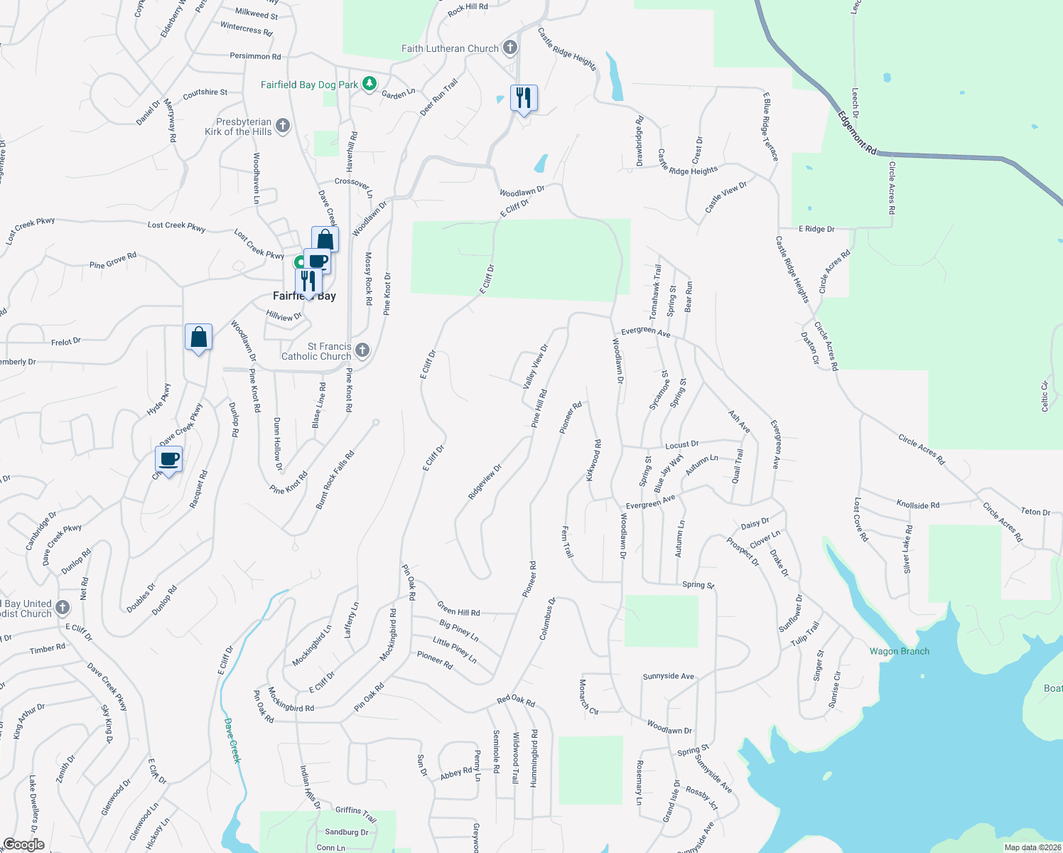 map of restaurants, bars, coffee shops, grocery stores, and more near 102 Pine Hill Court in Fairfield Bay