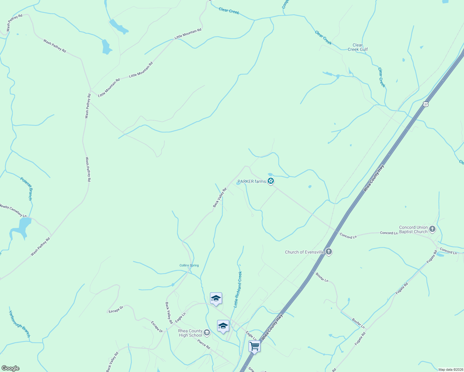 map of restaurants, bars, coffee shops, grocery stores, and more near 115 Forest Hill Lane in Evensville