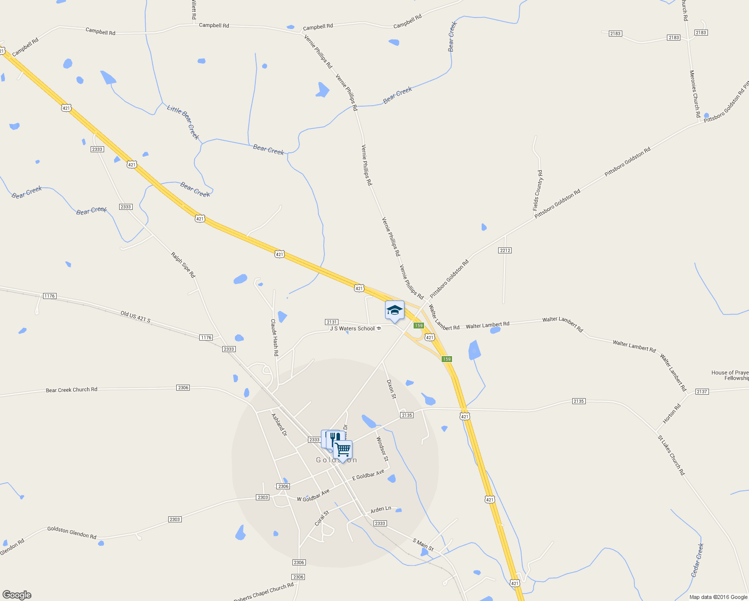 map of restaurants, bars, coffee shops, grocery stores, and more near 134 Lula Klass Road in Goldston