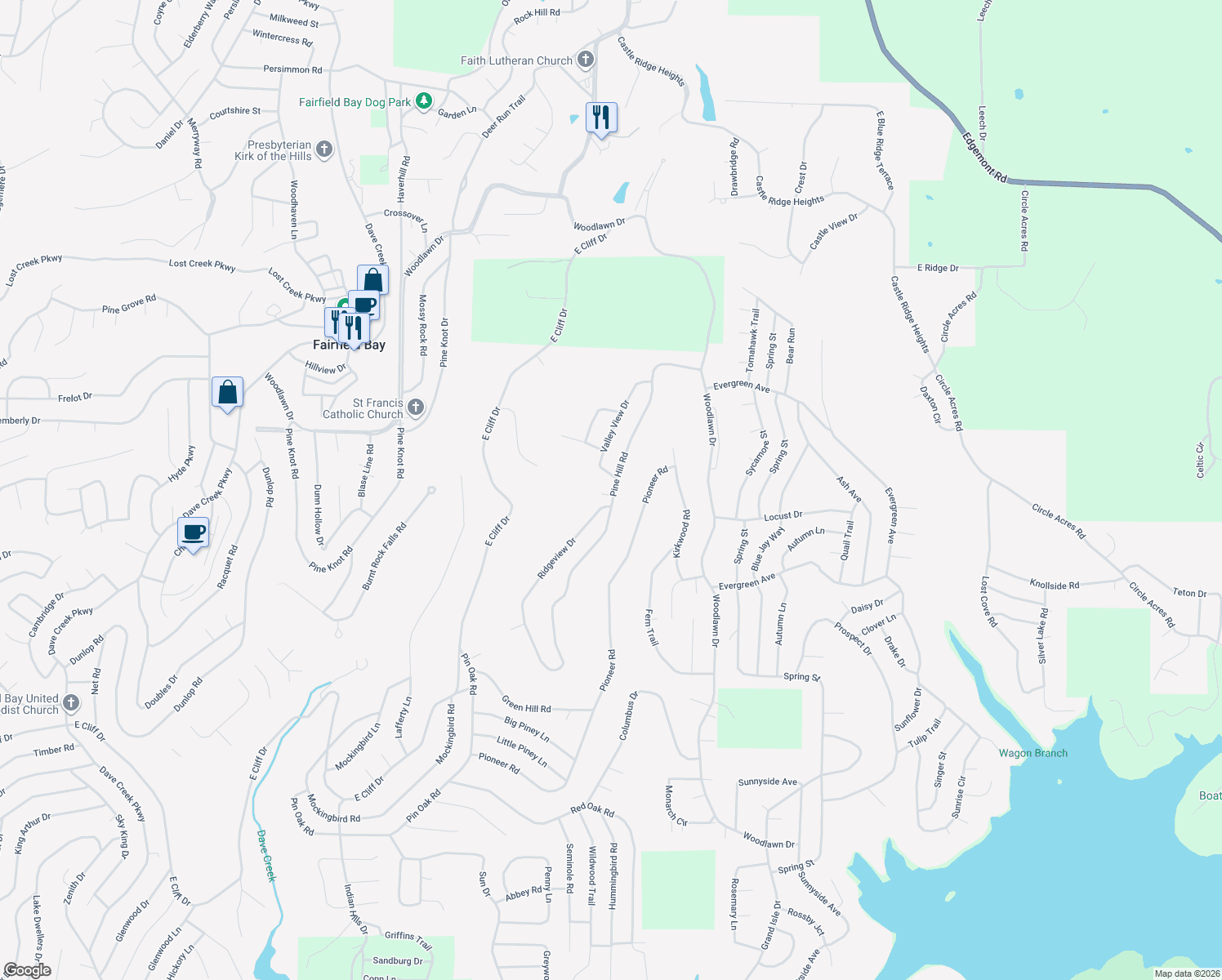 map of restaurants, bars, coffee shops, grocery stores, and more near 102 Pine Hill Court in Fairfield Bay