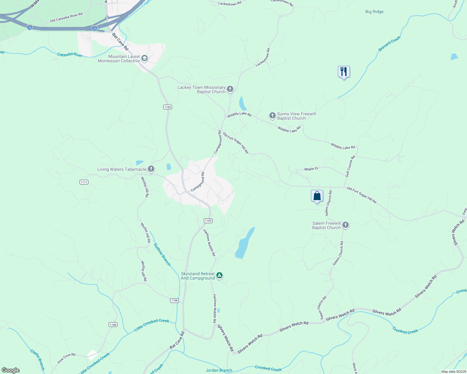 map of restaurants, bars, coffee shops, grocery stores, and more near 319 Griggs Road in Old Fort