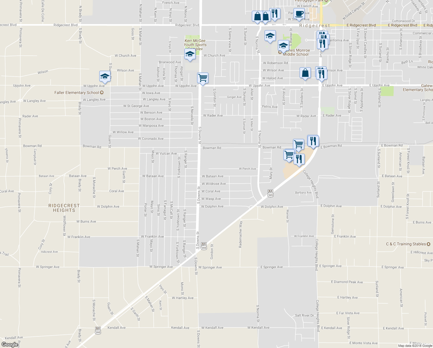 map of restaurants, bars, coffee shops, grocery stores, and more near 742 West Bataan Avenue in Ridgecrest
