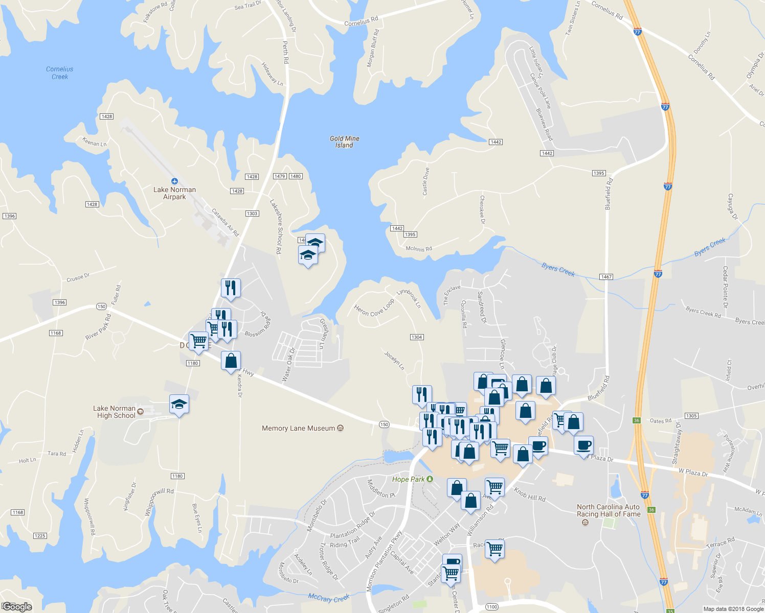 map of restaurants, bars, coffee shops, grocery stores, and more near 114 Heron Cove Loop in Mooresville