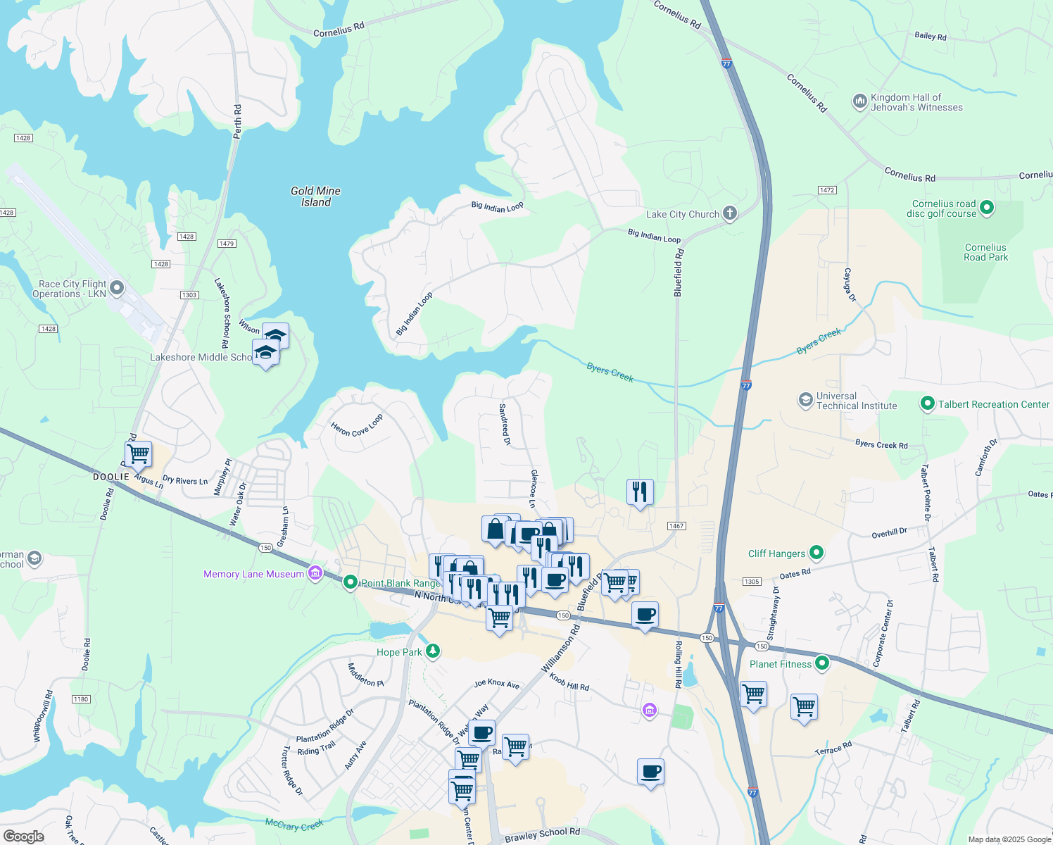 map of restaurants, bars, coffee shops, grocery stores, and more near 268 Glencoe Ln in Mooresville