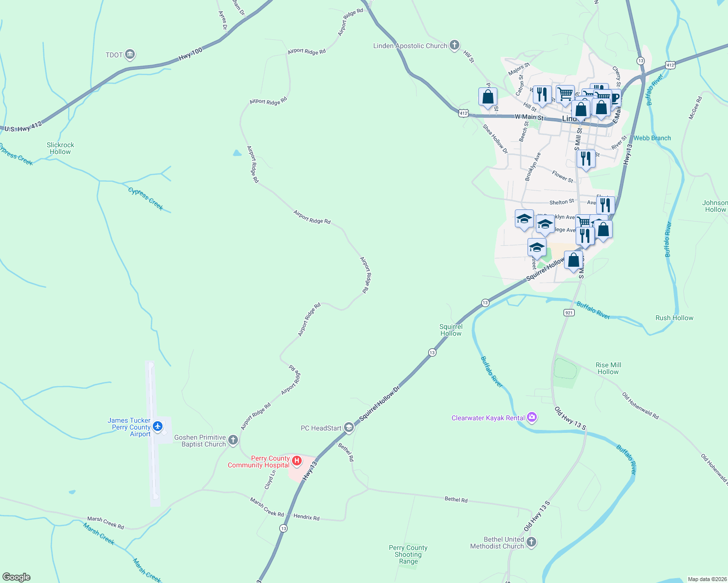 map of restaurants, bars, coffee shops, grocery stores, and more near 2211 Airport Ridge Road in Linden