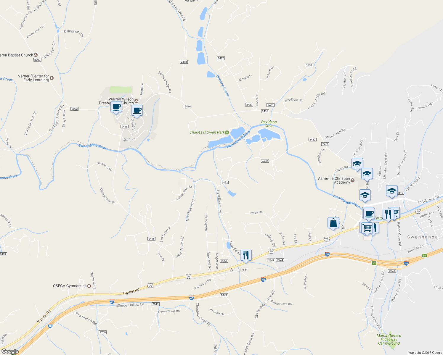 map of restaurants, bars, coffee shops, grocery stores, and more near 15 Linn Garden Lane in Swannanoa