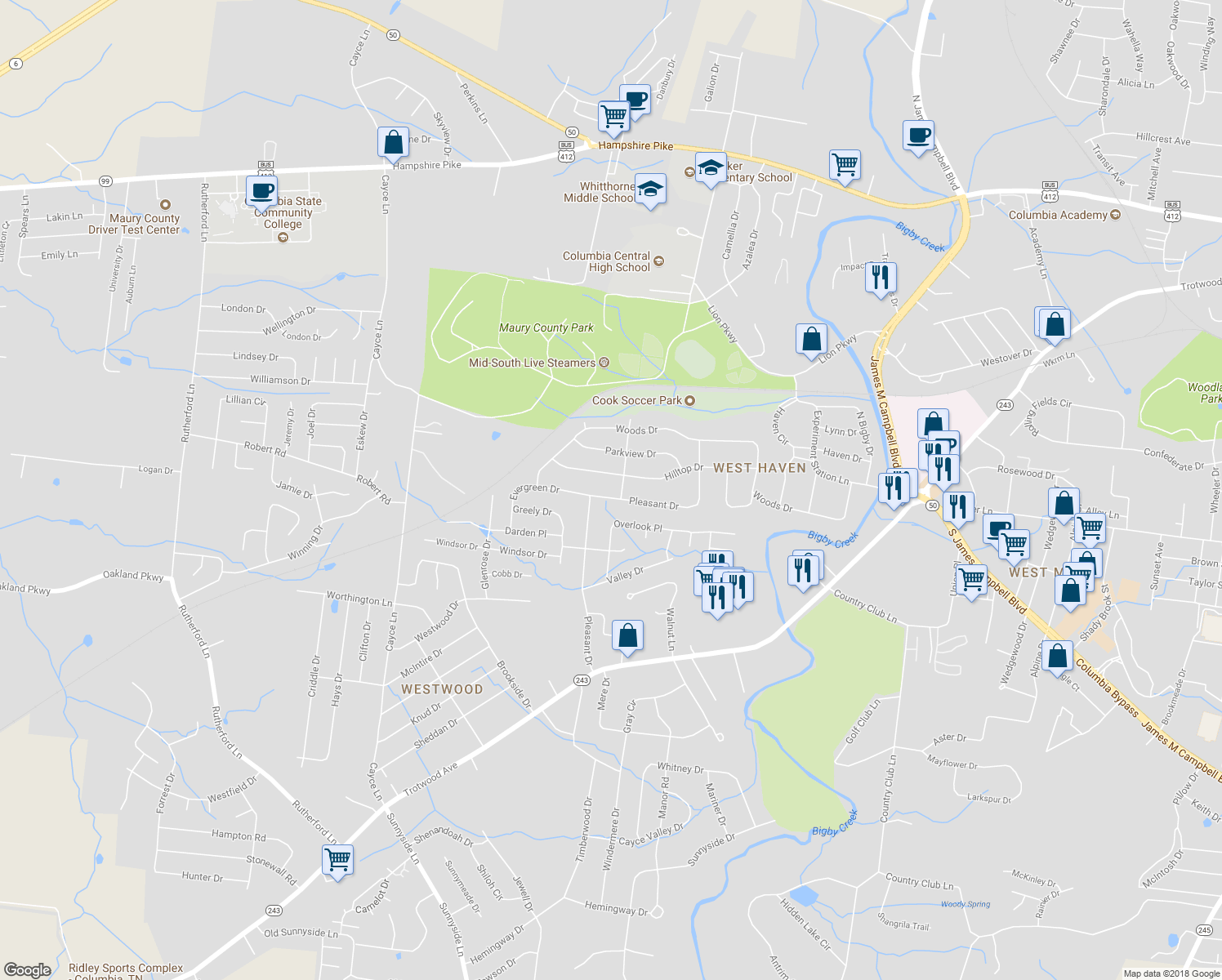 map of restaurants, bars, coffee shops, grocery stores, and more near 202 Pleasant Drive in Columbia