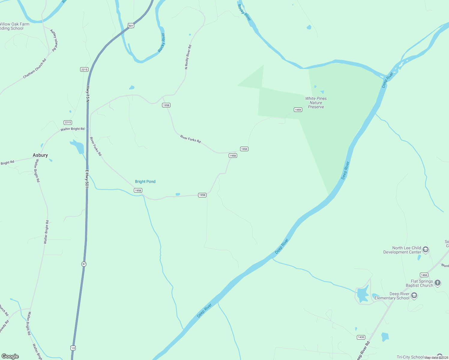 map of restaurants, bars, coffee shops, grocery stores, and more near 1412 River Forks Road in Sanford