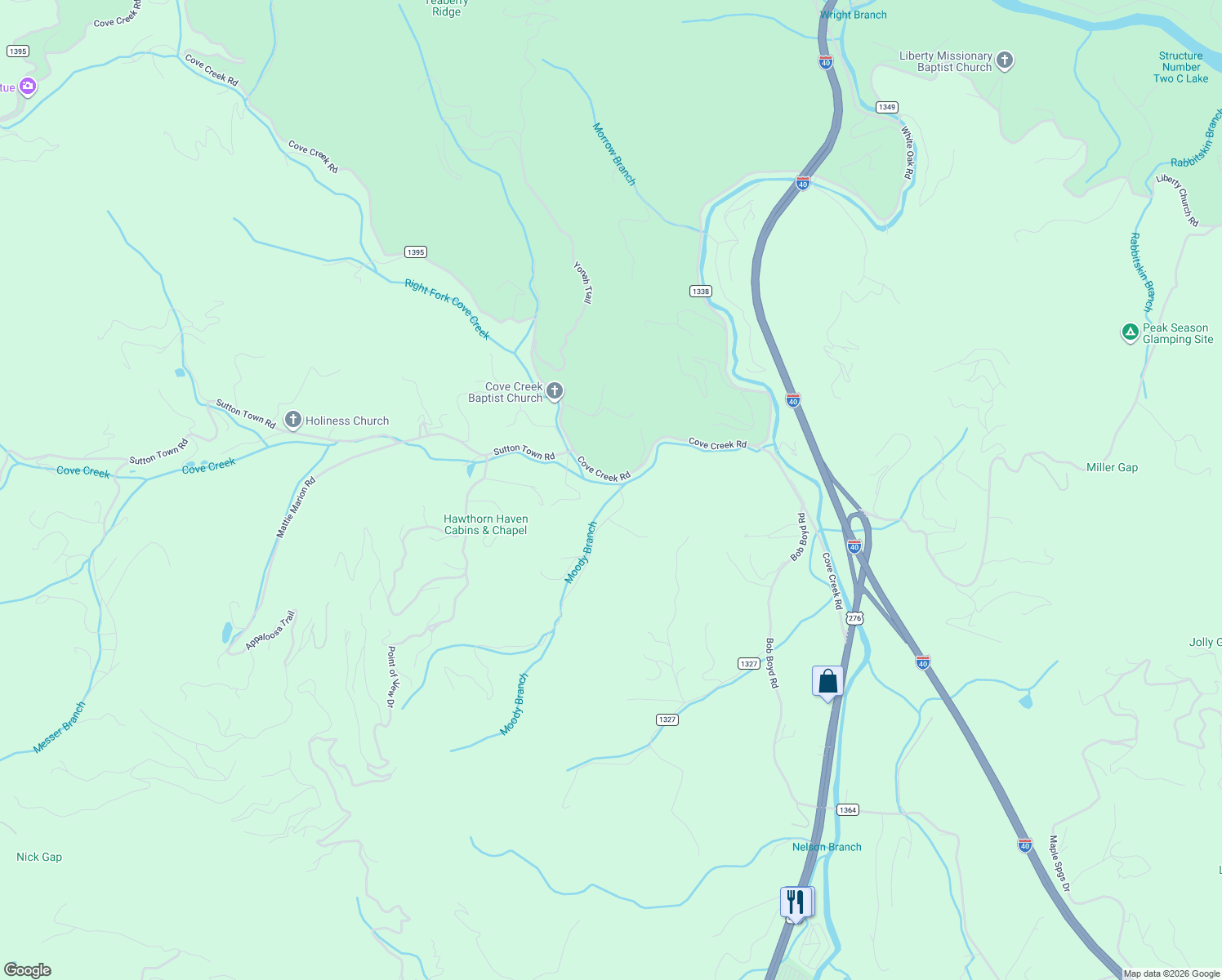map of restaurants, bars, coffee shops, grocery stores, and more near 26 Jenkins Road in Waynesville