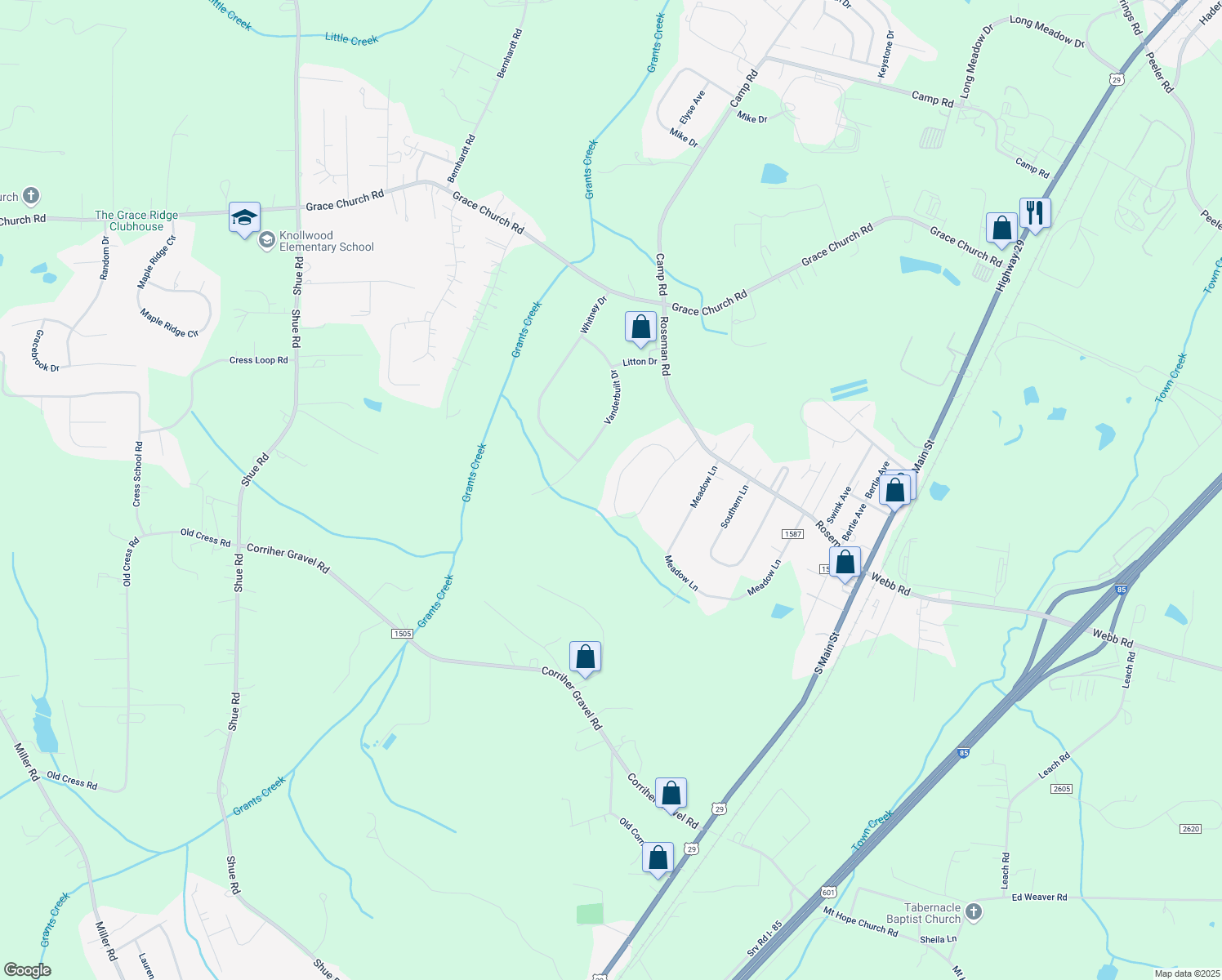 map of restaurants, bars, coffee shops, grocery stores, and more near 317 Spring Oak Drive in Salisbury