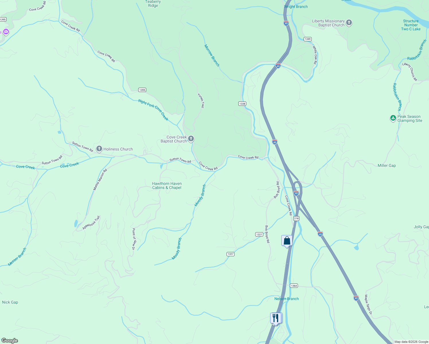 map of restaurants, bars, coffee shops, grocery stores, and more near 26 Jenkins Road in Waynesville