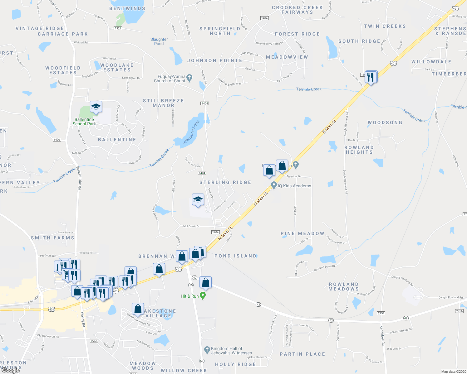 map of restaurants, bars, coffee shops, grocery stores, and more near 1543 Cairo Way in Fuquay-Varina