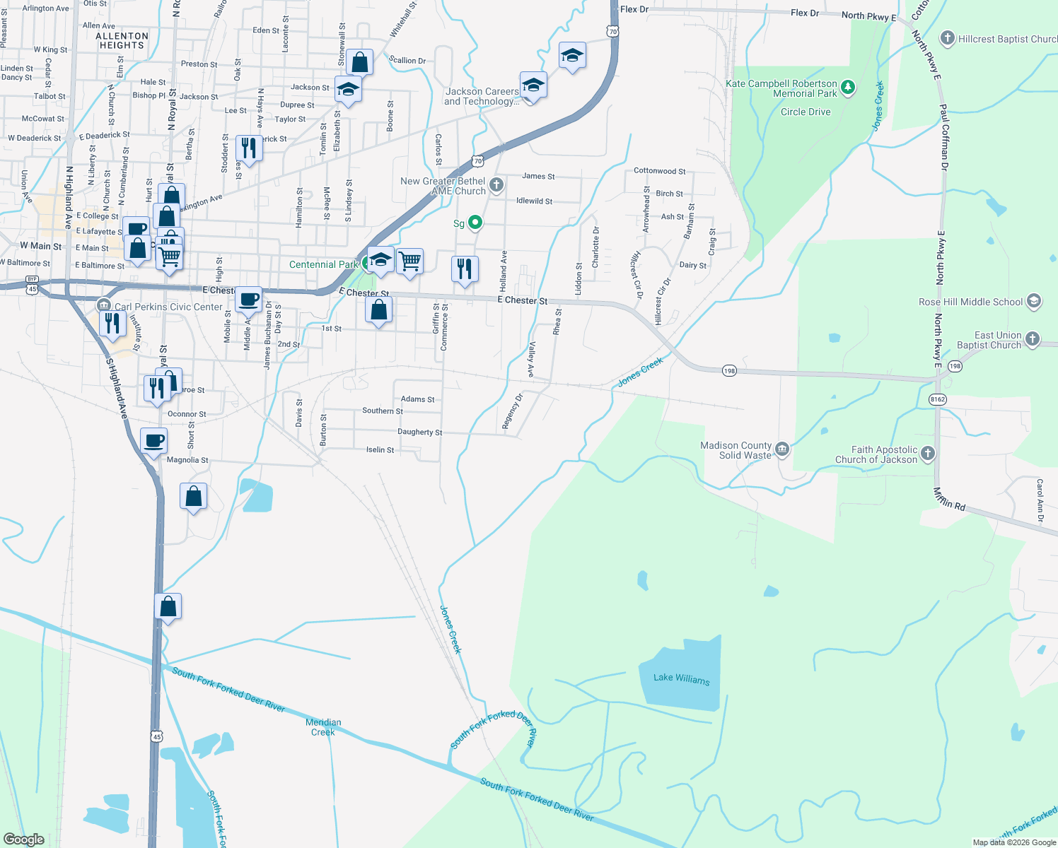 map of restaurants, bars, coffee shops, grocery stores, and more near 254 Rhea St in Jackson