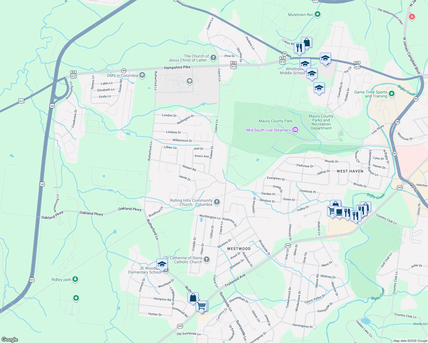 map of restaurants, bars, coffee shops, grocery stores, and more near 1605 Mary Court in Columbia
