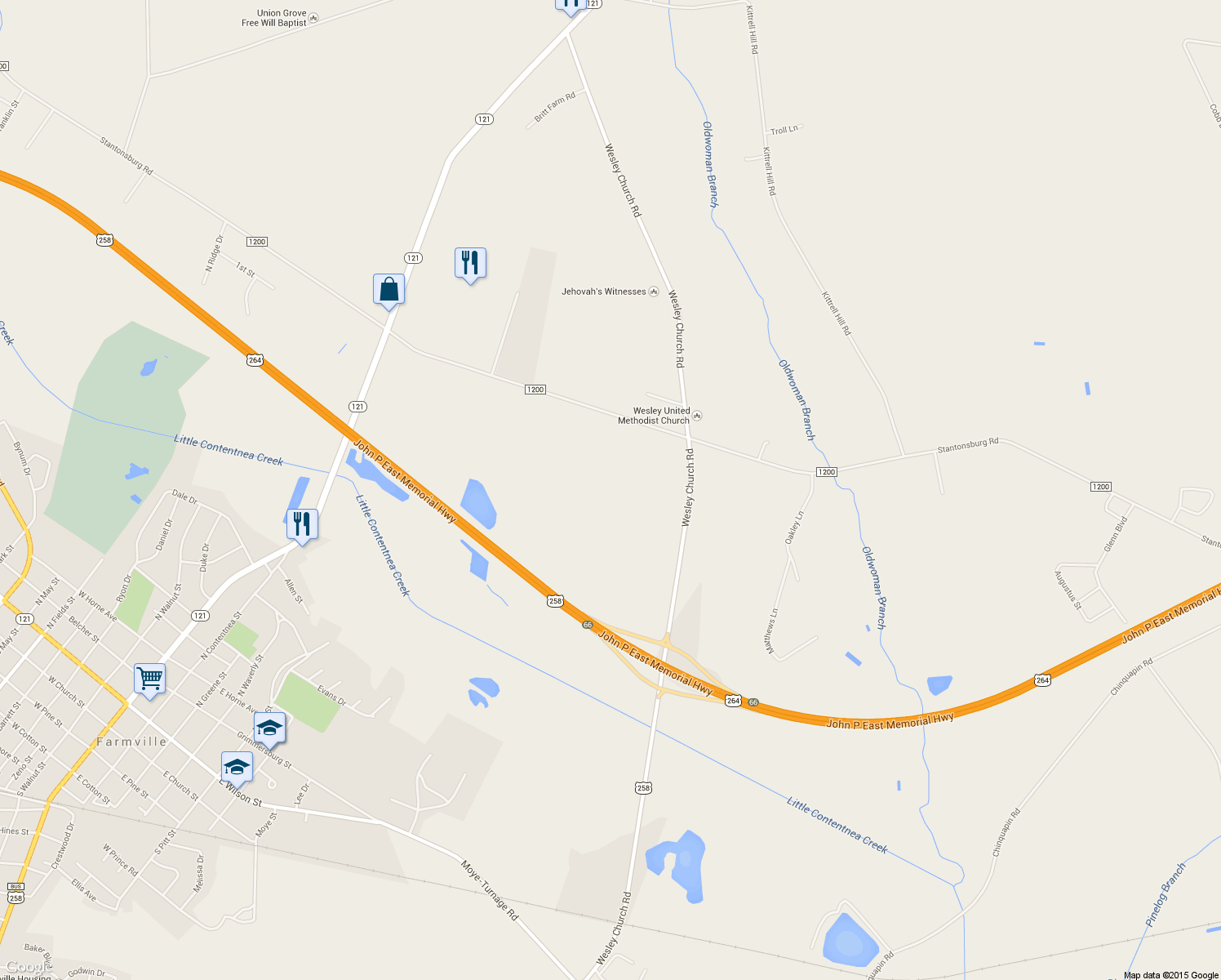 map of restaurants, bars, coffee shops, grocery stores, and more near 6549 Stantonsburg Road in Farmville
