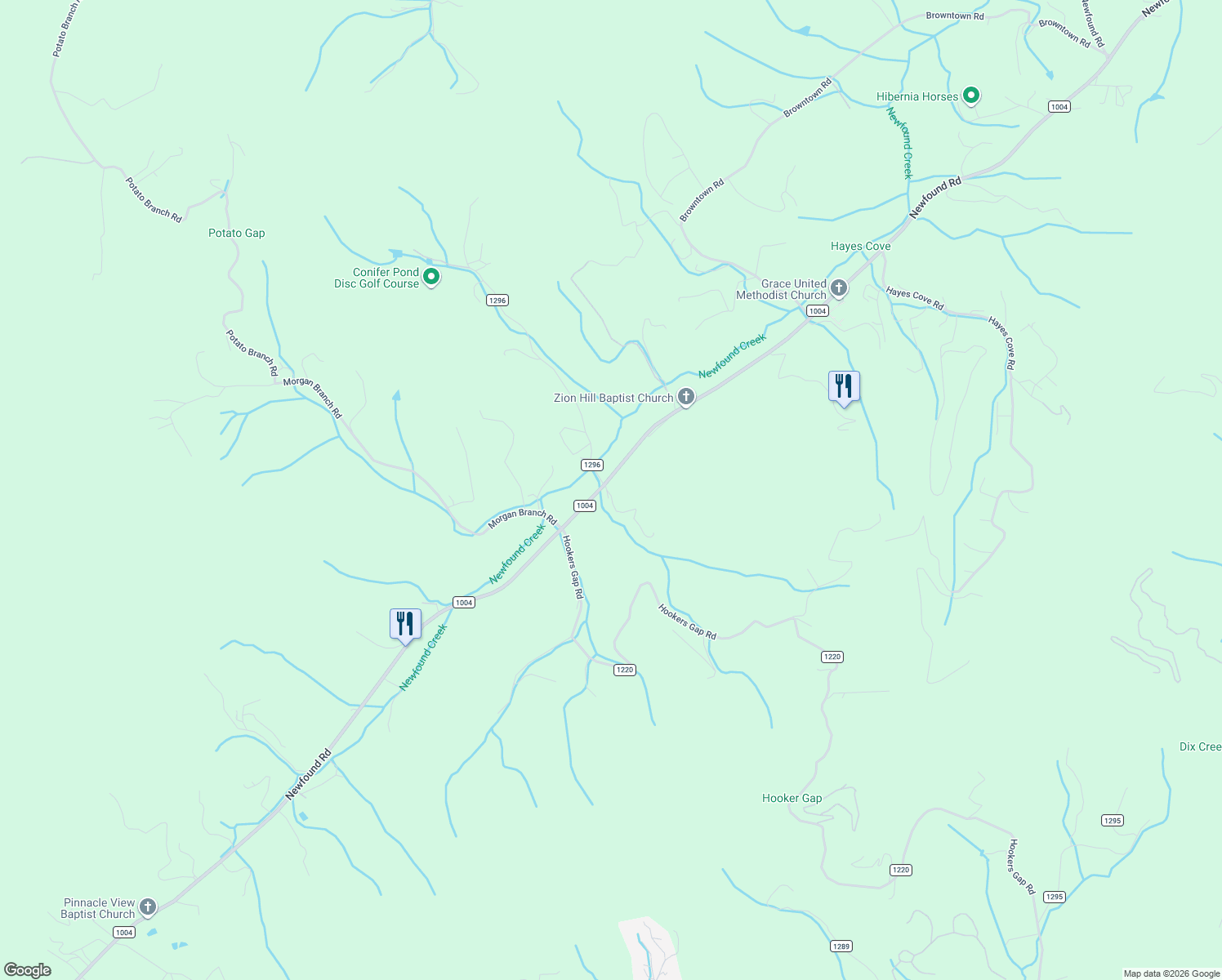 map of restaurants, bars, coffee shops, grocery stores, and more near 1064 Newfound Road in Leicester