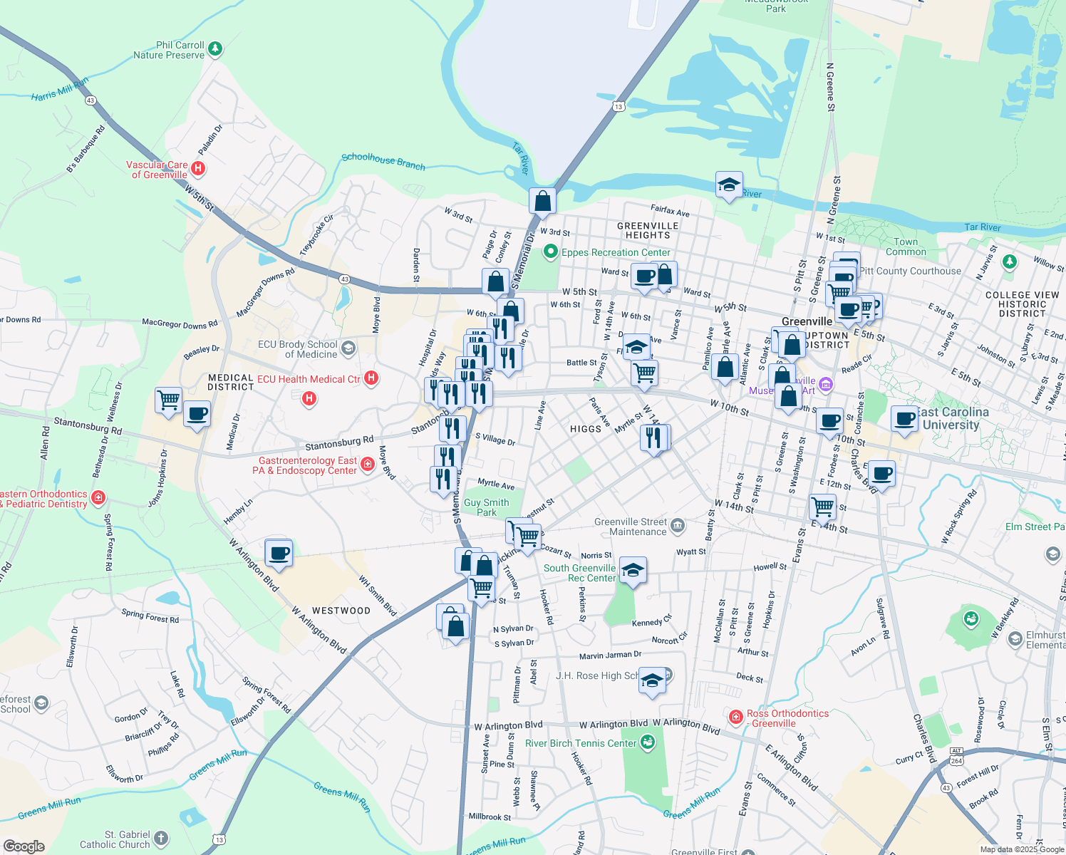 map of restaurants, bars, coffee shops, grocery stores, and more near 409 Line Avenue in Greenville