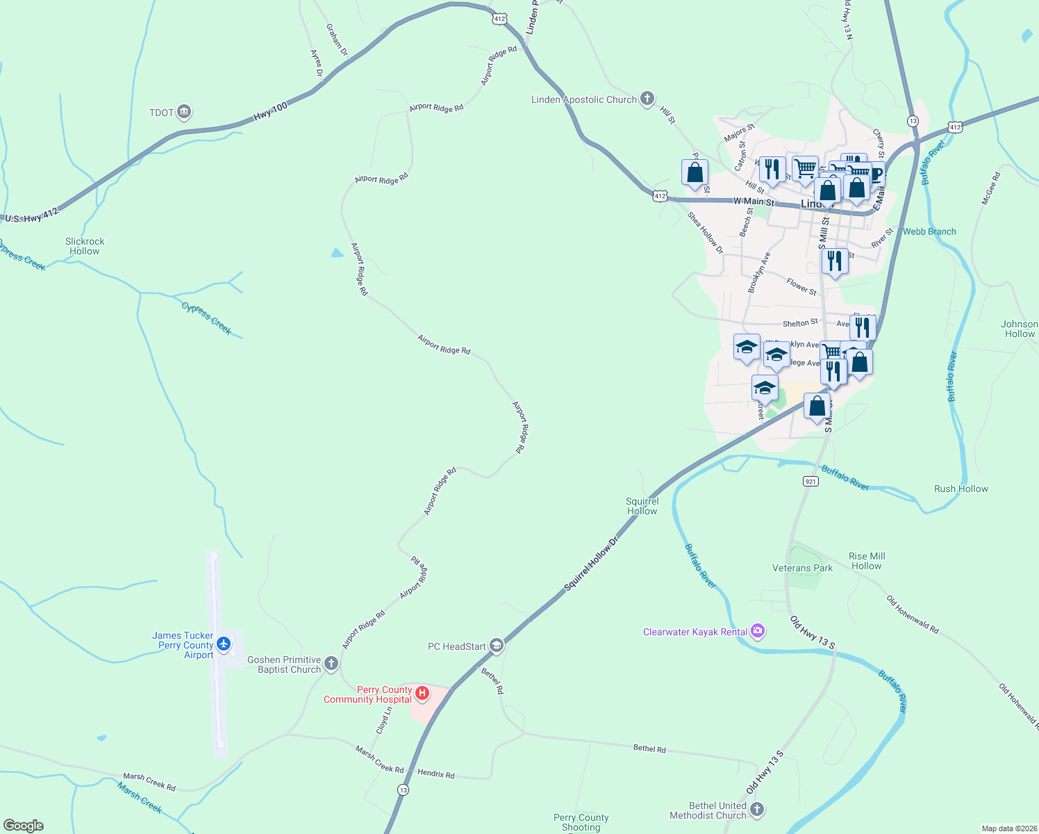 map of restaurants, bars, coffee shops, grocery stores, and more near 2082 Airport Ridge Road in Linden