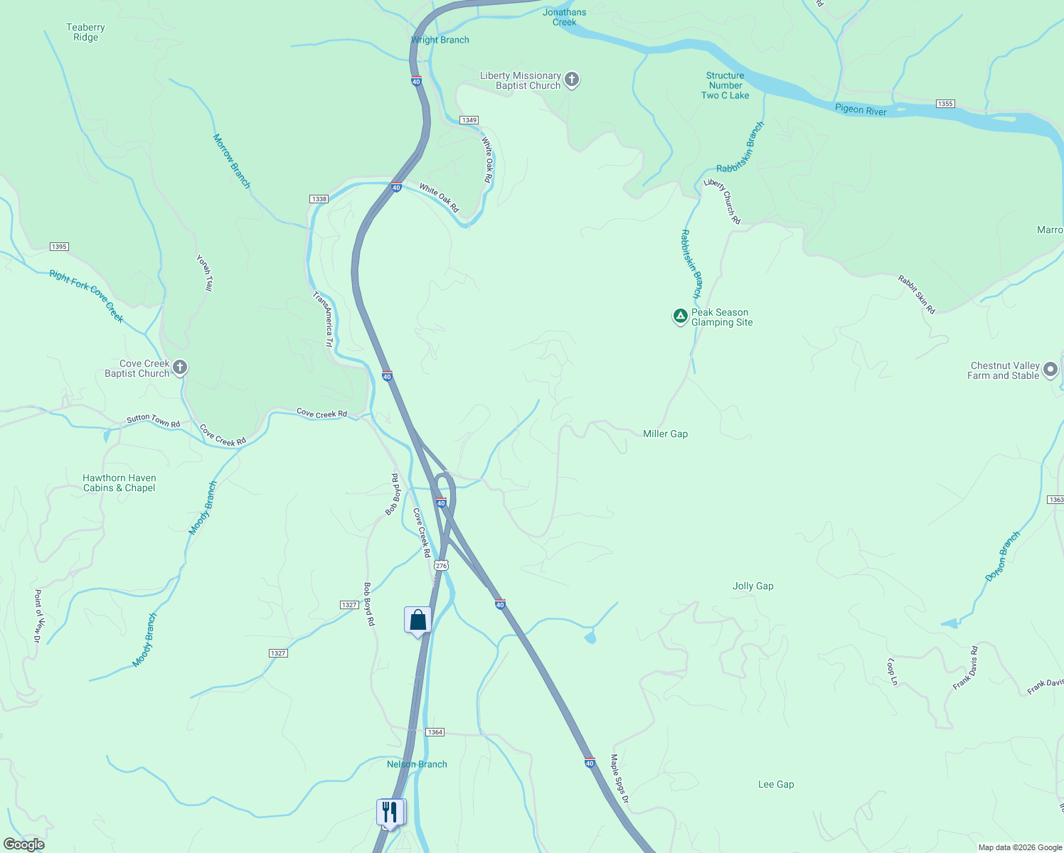 map of restaurants, bars, coffee shops, grocery stores, and more near 116 Nora Harrell Drive in Waynesville
