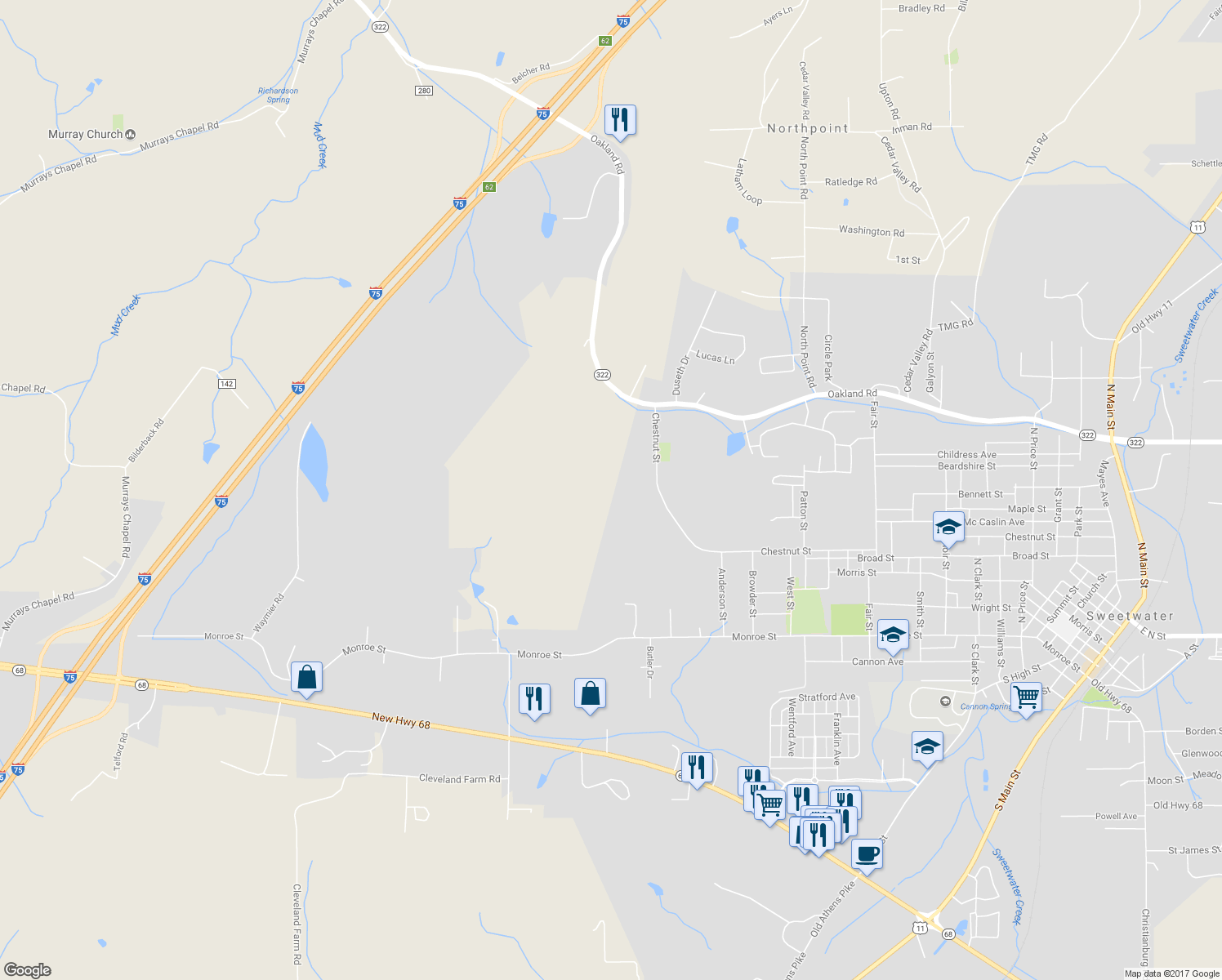 map of restaurants, bars, coffee shops, grocery stores, and more near 2085 Chestnut Street in Sweetwater
